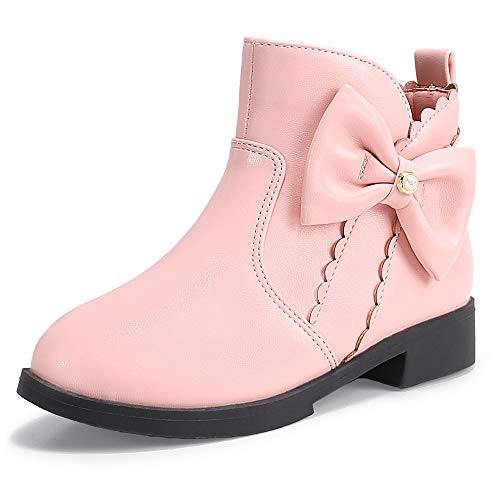 PANDANINJIA Gilrs Boots Toddler Kids Fashion Short Ankle Boots Clara Pearls Bow Dress Booties with Zipper (Pink Pu, Size 13)