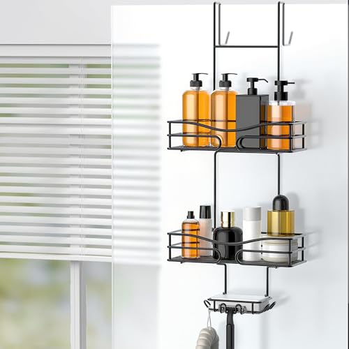 Cooeco Schwarzer hängender Dusch-Shampoo-Halter – hängendes Duschregal, rostfreie Duschaufbewahrung mit integrierter Seifenschale und 6 Haken für Badezimmer