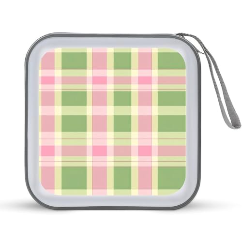 Green Pink Plaid CD Case Plastic DVD Case Holder Wallet Disc Storage Organizer for Car Travel