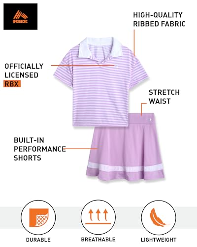 Image of RBX Girls Skirt Set - 2 Piece Lightweight Ribbed Polo Shirt and Stretch Performance High Waist Athletic Skorts for Girls