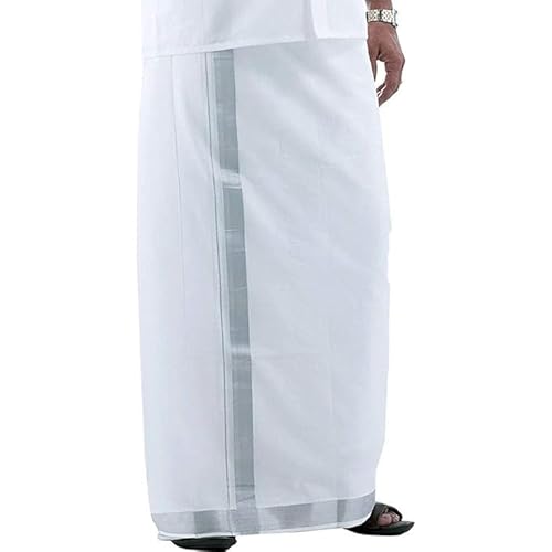 Men's Cotton Double Dhoti With Silver Border, Off-white, Free Size, Off-white, One size