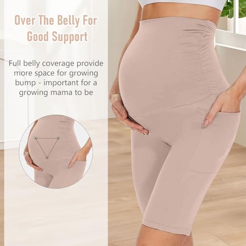 Risipu Mutterschaft Shorts für Frauen über den Bauch Schwangerschaft Biker Shorts Workout aktiv Laufen Yoga Kurze Hosen mit Taschen (DE/NL/SE/PL, Alphanumerisch, XL, Regular, Regular, Beige)