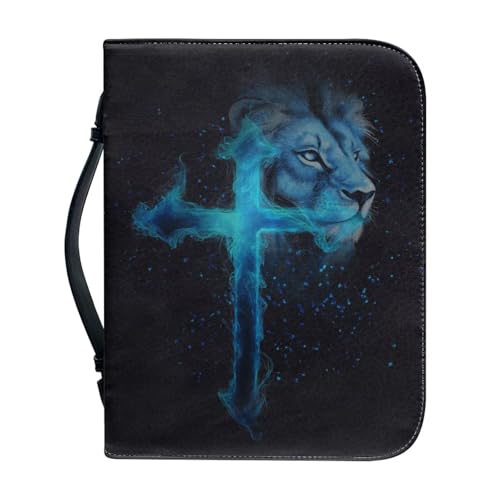Glomenade Blue Cross Lion Print Women's Bible Cover PU Leather Waterproof Bible Carrying Case for Church Zippered Large Capacity Book Protector with Top Handle Gifts for Christians