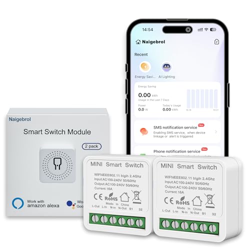 2PACK WiFi MINI Smart Light Switch,Neutral wire required,DIY Home Automation,Works Alexa/Google,16A 4000W High-Power 2 Way,Voice/Remote Control,Universal light-Controlled Circuit Breaker