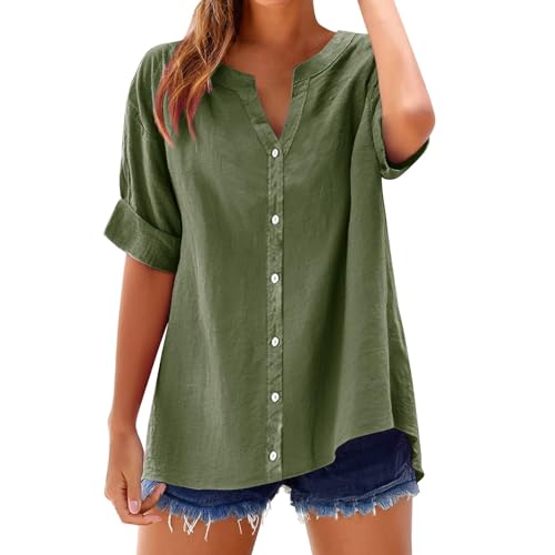 yiouyisheng Shirt Damen Sommer Kurzarm Musselinbluse mit Knöpf Basic Rundhalsausschnitt Leinen Top Baggy Baumwoll Bluse Leichte Bequem Tshirt Einfarbig Vintage Oberteil Frauen Casual Hemdbluse