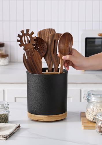Image of LoeJan 3 Compartment Utensil Holder, Extra Large Utensil Crock, Stable Ceramic Utensil Organizer, Cooking Tool Organizer Set for Kitchen Counter Farmhouse Decor,Textured Black