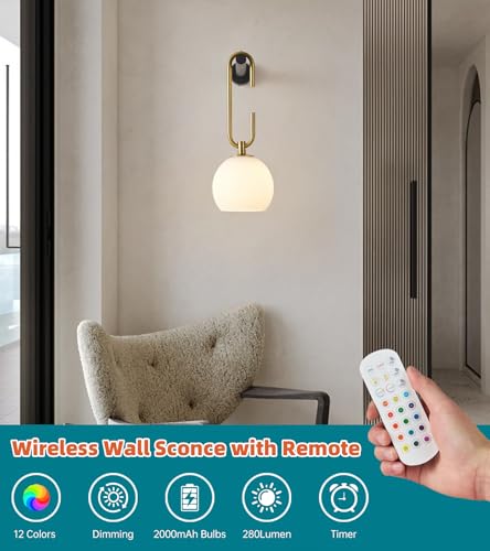 Image of Wireless Wall Sconces Set of 2, Battery Operated Wall Light with Remote, Indoor Wall Lights with Frosted Shade & Dimmable 12RGB Colors Light Bulbs for Bedroom Living Room Hallway(Mix)