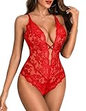 Aranmei Women's Lace Teddy Bodysuit Deep V-Neck Criss Cross Straps Lingerie Set with Thong Red