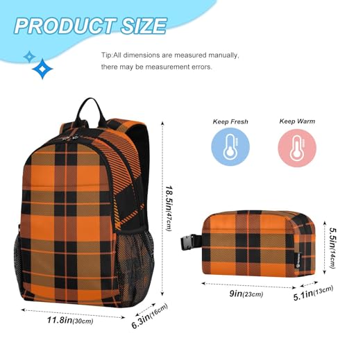 ALAZA Halloween Tartan Orange Buffalo Plaid Backpack and Lunch Bag Set Back Pack Bookbag Cooler Case Kits2