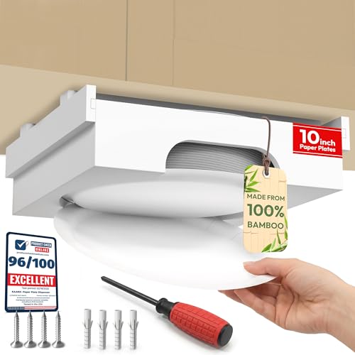 10 inch Paper Plate Dispenser Holder Bamboo Under Cabinet Vertical Rack for Kitchen Countertop Organizer Space Saver Shelf Lid Holder Counter Storage Can Dispenser Pantry Aid Caddy Estante (White)