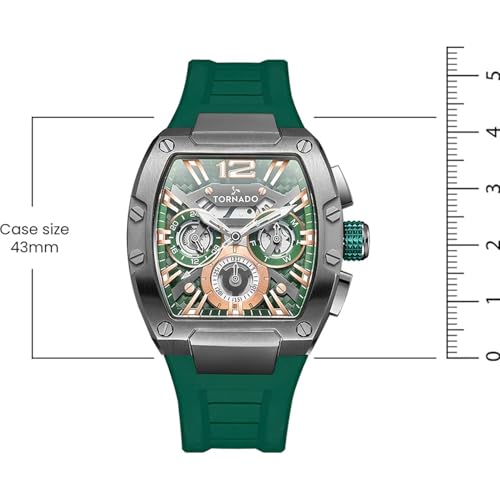 Image of Tornado Xenith Men's Multi Function Watch - Japanese Quartz, 43mm Gun Metal Stainless Steel Case, Water Resistance 10 ATM, Green Silicone Strap, 3 Year Warranty