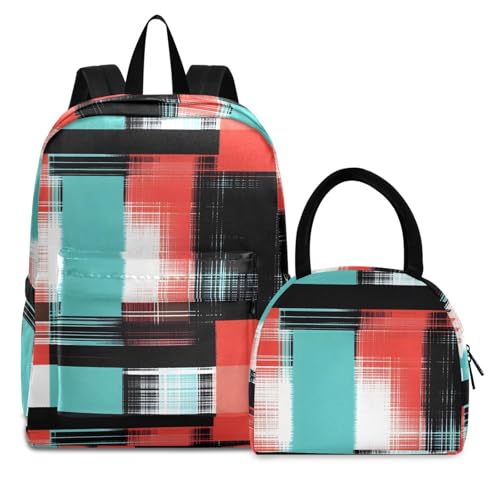 Backpack Lunch Box Set Large Capacity Travel Backpacks and Insulated Lunch Bag for Commute Hiking Picnic Plaid Doodle Print