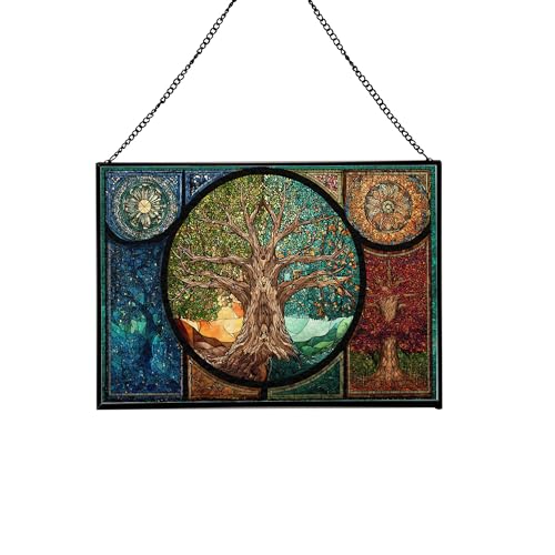 Tree of Life with Seasons Divided Rectangular Stained Glass Suncatcher – Hanging Window Panel with Animal & Nature Scene – Vibrant Glass Art Gift for Wildlife, Fantasy, Nature Lovers iM7Cuk