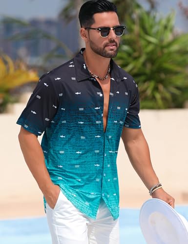 ELETOP Men's Hawaiian Shirt Summer Stretch Short Sleeve Tropical Beach Button Down Casual Shirt M035 Gradient Green L - Image 2