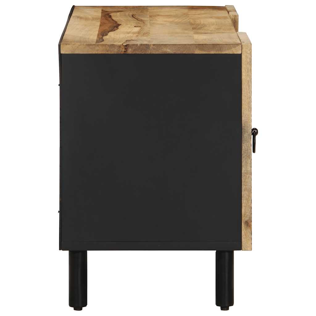 Mobile TV nero in legno di mango grezzo, 105 x 33,5 x 46 cm, con 2 ante e ripiani, stabile contenitore multimediale per soggiorno e ufficio, salvaspazio in stile industriale