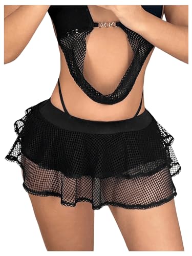 SHENHE Womens Sexy Y2k Fishnet Mini Skirt Low Rise Layered Sheer Hollow Club Rave Micro Skirt Black Small