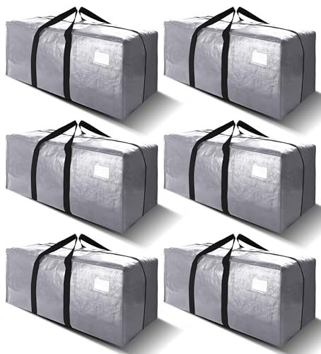 6 Pack Heavy Duty Extra Large Moving Bags W/Backpack Straps - Strong Handles & Zippers, Storage Totes For Space Saving, Fold Flat, Alternative to Box and Bin (40 gal, Silver)