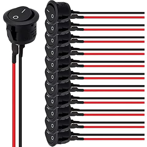 Anruyi 12 PCS Round Rocker Switch On/Off 2Pins Round Boat Rocker Toggle Switch AC 6A/250V 10A/125V SPST 2 Pins Round Rocker Switch Toggle with Pre-soldered Wires for Car Auto Boat Marine, Black Cover