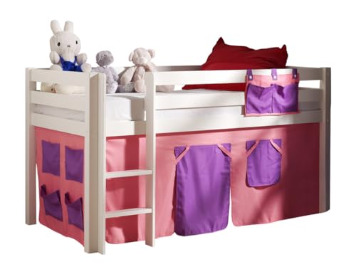 VIPACK PICOHSZG1474 Spielbett Pino mit Textilset Bella, Maße 210 x 114 x 106 cm, Liegefläche 90 x 200 cm, Kiefer massiv weiß lackiert