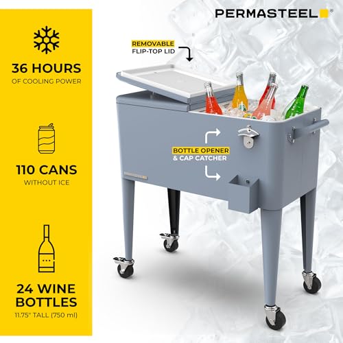 Permasteel 80-Qt Classic Outdoor Patio Cooler for Outside Beverage Rolling Cooler Bar Cart with Wheels & Handles, Retro Design, Blue