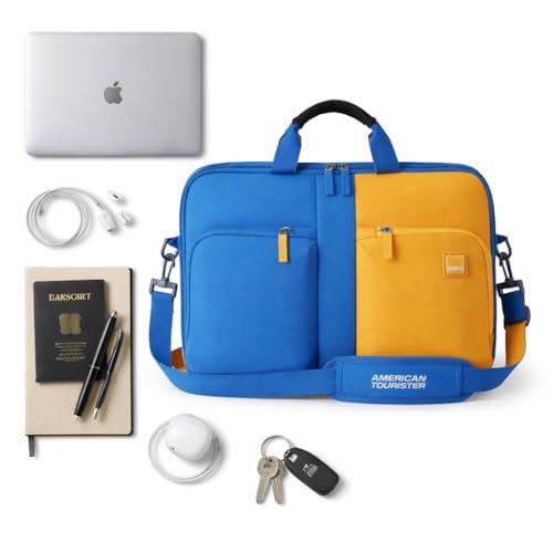 Image of American Tourister Vogue Biz Laptop Sling Bag for Office | 14 Inch Laptop Compartment | 2 Pockets | Adjustable & Detachable Shoulder Strap | Crossbody Messenger Bag | Sleek & Lightweight | Blue Ash