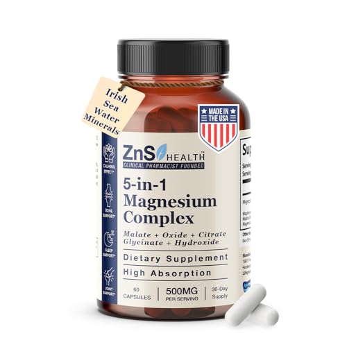 ZnS Health 5-in-1 Magnesium Complex High Absorption Magnesium Glycinate Supplement w/Malate, Citrate, Oxide, Hydroxide for Energy, Nerves, Muscles, Sleep, & Joint – Vegan, Non-GMO, 500 mg - 60 Caps