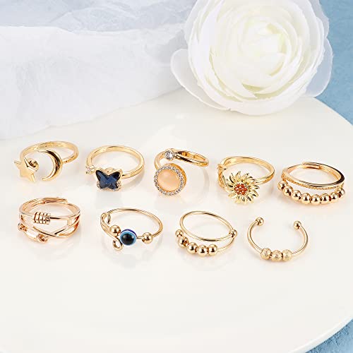 Fibo Steel 9 Pcs Fidget Anxiety Rings For Women Men Spinner Rings For Anxiety Relieving Stress Open Cz Flower Moon Star Anti Rotatable Rings Adjustable thumb #4