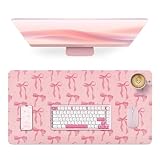 Pink Desk Mat, Large Mouse Pad Pink Bow Keyboard Mat Computer Pad, Cute Girly Pink Desk Accessories, PU Leather Desk Pad Protector, Waterproof Desk Blotter Writing Pad Non-Slip Base, 31.5 x 15.7