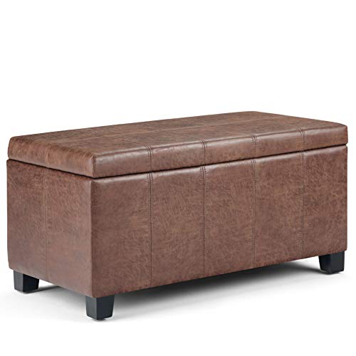 SIMPLIHOME Dover Storage Ottoman Bench - 36 inch Wide Upholstered Vegan Leather Rectangular Lift-Top Ottoman in Distressed Umber Brown, Contemporary Bench for Living Room with Safety Hinges