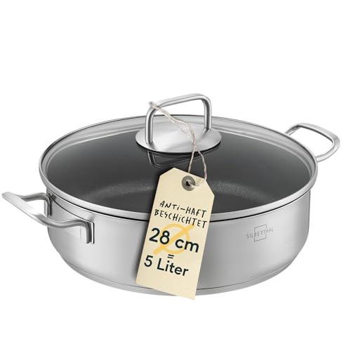 SILBERTHAL Schmorpfanne 28 cm hoher Rand - Beschichtete Servierpfanne mit Deckel - Backofengeeignet...