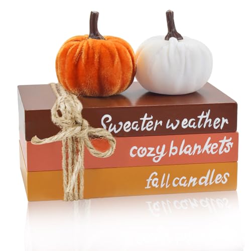 Finphoon Fall Tiered Tray Decor, Mini Wood Book Stacks, Pumpkin