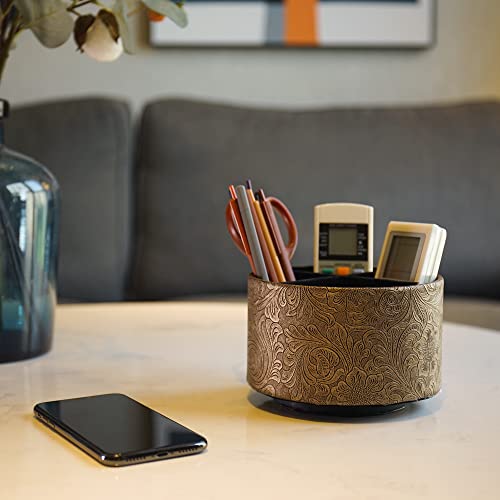 Czzmy Rund Stiftehalter,Leder,360° drehbar,Fernbedienungshalter, drehbarer Nachttisch, TV-Fernbedienung, Schreibtisch-Organizer für Stifte, Bürobedarf, Aufbewahrungsbox(1-Gold schnitzen)