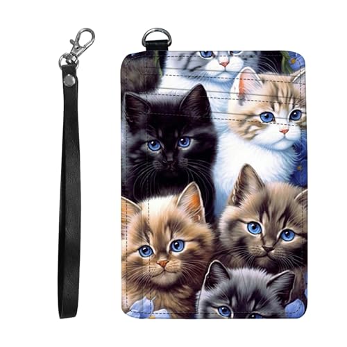 Cute Cat Slim RFID Blocking Card Holder Small Pocket Wallet Small Mini Card Case Front Pocket PU Leather Credit Card Organizer With Zipper for Women Men