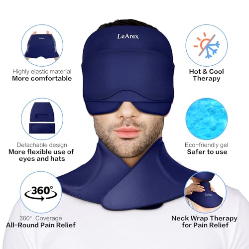 Image of Migraine Relief Cap and Neck Ice Pack Wrap with Ice Eye Masks,3 in 1 Detachable Hot and Cold Therapy Headache Relief Cap for Headaches, Stiff Neck,Eye Fatigue, Tension and Pain Blue