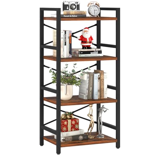 Yoobure 4 Tier Bookshelf - Small Book Shelf Industrial Bookcase, Narrow Book Case Book Storage Organizer for CD/Movie/Book, Bookshelves for Bedroom Office Living Room Berry Brown