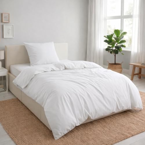 MALIKA Bettwäsche 135x200 Baumwolle Bettwäsche Set 2-teilig Bettbezug 135x200 Kissenbezug 80x80 Baumwolle Oeko-TEX Renforcé Bettwäsche Weiss
