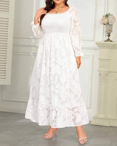 Image of Plus Size Summer Dresses Sun - Maxi Boho Casual Off Shoulder Floral Lace Long Dress with Pockets