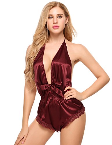 Avidlove Women Sexy Lingerie Halter Deep V-Neck Silk Babydoll One-Piece Lace Hem Slip Bodysuit, Purple,Wine Red, M