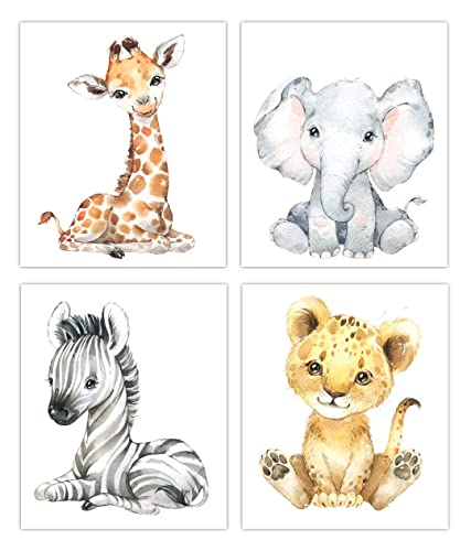 Image of Designs by Maria Inc. Set of 4 UNFRAMED WaterColor Animal Print Pictures | Baby Nursery Decor | Zoo Animals Pictures | Safari Room Decor For Babies | Safari Wall Decor | Decor For Baby Room (11"x17")