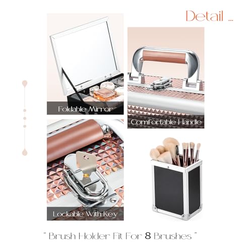 Joligrace Makeup Box 11.6-Inch Cosmetic Train Case for Women Travel Jewelry Organizer with Compartments & Mirror Portable Lockable Make-up Trunk Shiny Style