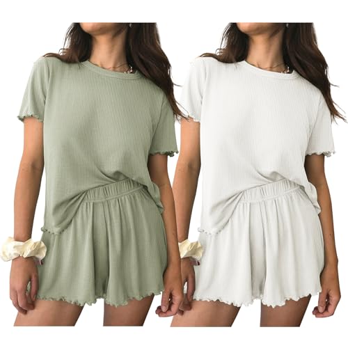 Image of Ekouaer 2 Packs Women Pajama Set Short Sleeve Sleepwear Soft Top and Shorts | Casual Pjs Outfits Ribbed Knit Lounge Set with Pockets