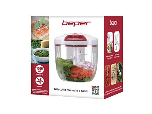 BEPER C107UTT002 Tritatutto Manuale, Tritatutto a corda, Contenitore in ABS,1000 ml, 5 Lame in acciaio, Bianco/Rosso