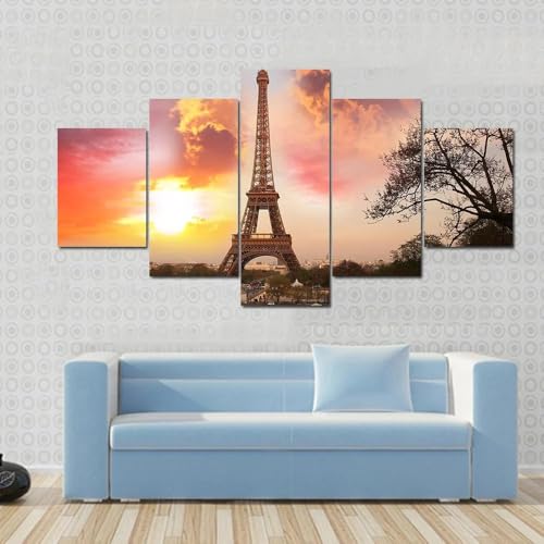 Decoration murale Tour Eiffel au coucher du soleil grand tableau 5 parties