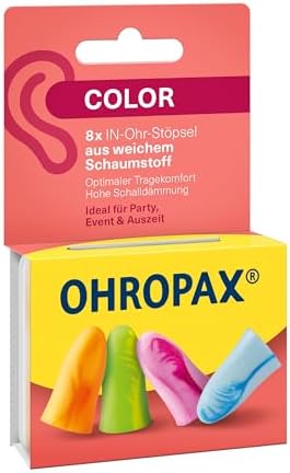 OHROPAX Color Ohrstöpsel – IN-Ohr-Stöpsel aus weichem Schaumstoff – besonders komfortabel, auch bei langem Tragen – Schalldämmwert SNR 35 dB – ideal für Party, Event und Auszeit – 8 Stück