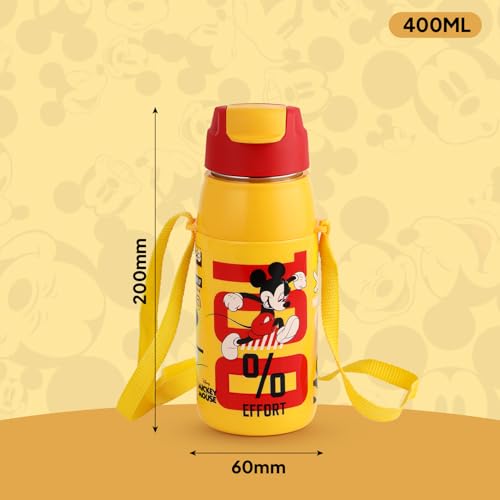 Image of CELLO Kidzbee Puro Steel-X Hydro Kid 400 Insulated Kids Sipper Water Bottle 400ml Yellow | Touch & Feel Mickey Design Easy to Carry with Loop Leakproof Flip Top Water Bottle For School Kids Boys Girls