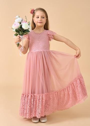 Flower Girl Dress Flutter Sleeve Girls Boho Dress Ruffle Lace & Tulle Dance Dresses for Wedding Holiday Party Maxi3