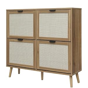 ZeHuoGe Rattan Shoe Cabinet with 4 Flip Drawers, Walnut 2-Tier Shoe Rack BOHO Storage Cabinet for Heels, Boots, Slippers, Free Standing Shoe Rack, Entrance Hallway