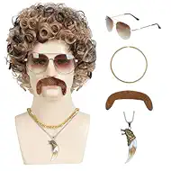 Parceria Disco Wig Short Curly Afro Wigs for Men, 70s 80s Vintage Natural Fluffy Synthetic Wig 6 Pcs Set for Disco Costume Party Hippies Rocker Cosplay Costume (Blonde Mixed Brown)