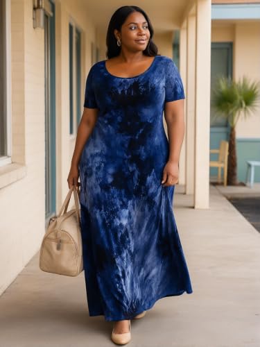 Image of PinkPatty Plus Size Dress for Women Casual Crew Neck Short Sleeve Maxi Dress Oversized Summer Beach Dresses with Pockets