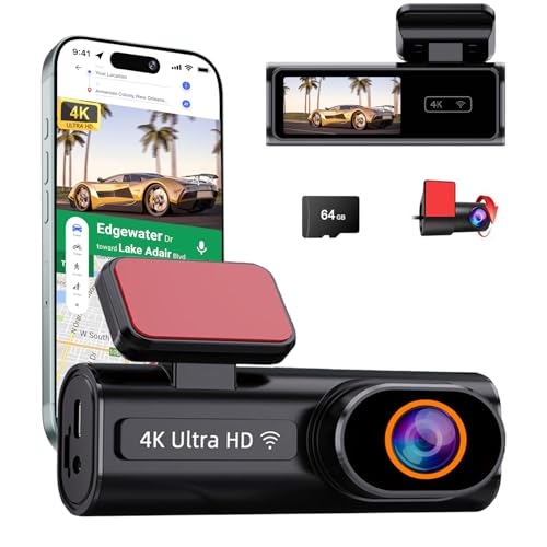 Dashcam Auto Vorne Hinte, 4K+1080P Dual Kamera mit 5GHz WLAN GPS und 24/7 Parküberwachung für maximale Sicherheit durch ADAS Nachtsicht & 170° Weitwinkel - Inkl. 64GB SD Karte
